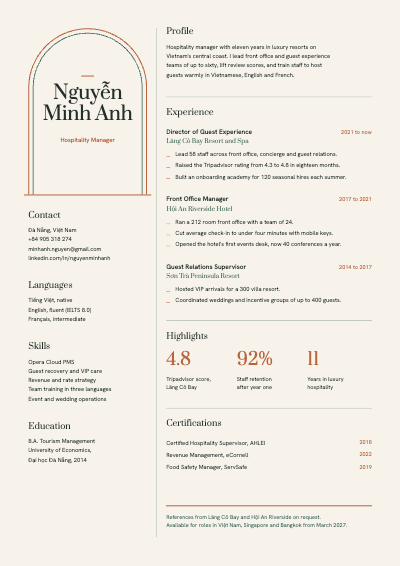 Nguyen Minh Anh Hospitality Manager Resume template preview