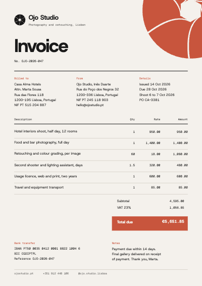 Ojo Studio Photography Invoice and Quote template preview