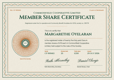 Commonfield Cooperative Member Share Certificate template preview