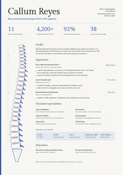 Callum Reyes Physiotherapist Resume template preview