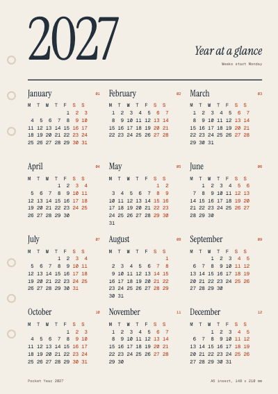 Pocket Year 2027 A5 Planner Inserts template preview
