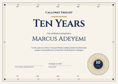 Calloway Freight 10 Years of Service Award template preview
