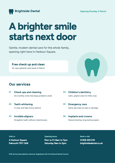 Brightside Dental Clinic Opening Poster template preview