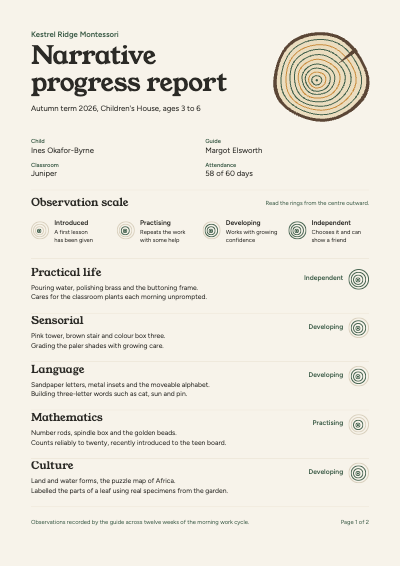 Kestrel Ridge Montessori Narrative Progress Report template preview