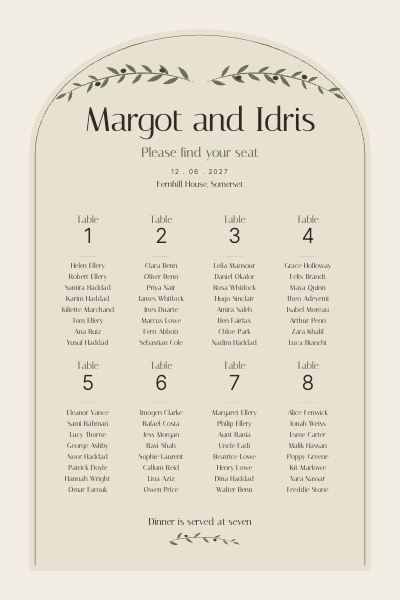 Margot and Idris Modern Wedding Seating Chart and Table Numbers template preview
