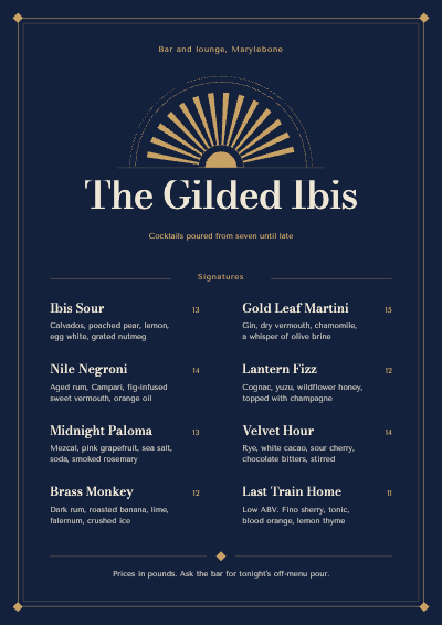 Gilded Ibis Art Deco Cocktail Menu template preview