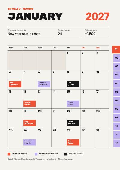 Studio Hours 2027 Content Creator Planner template preview