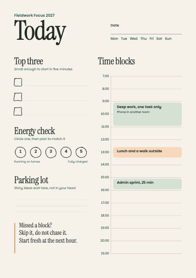 Fieldwork Focus 2027 Daily Planner template preview