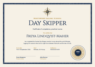Northwind Sailing School Day Skipper Certificate template preview