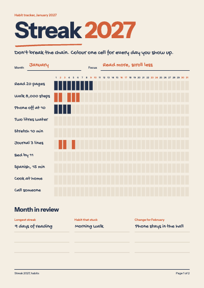 Streak 2027 Habit and Reading Tracker template preview