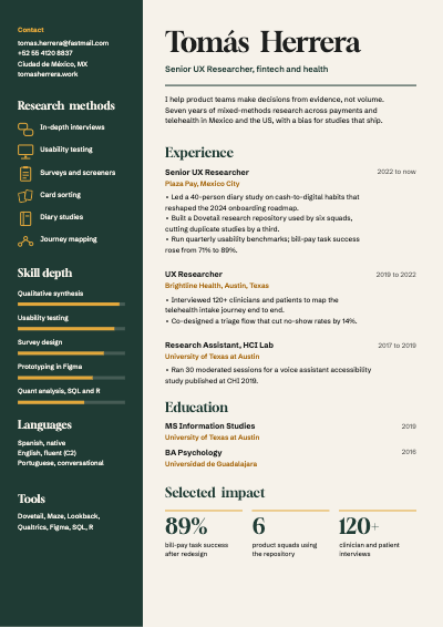 Tomás Herrera UX Researcher Resume template preview