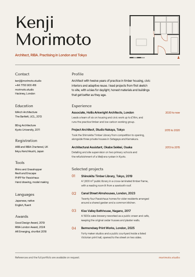 Kenji Morimoto Architect Resume template preview