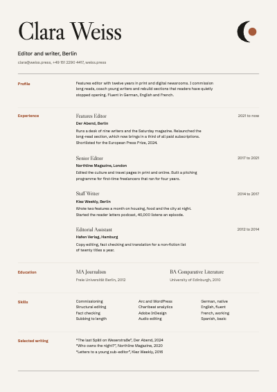 Clara Weiss Editorial Resume template preview