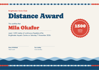 Brightwater Swim Club Distance Award Certificate template preview