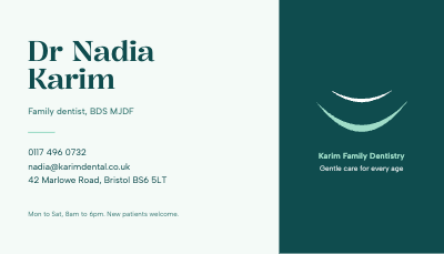 Dr Nadia Karim Family Dentistry Business Card template preview