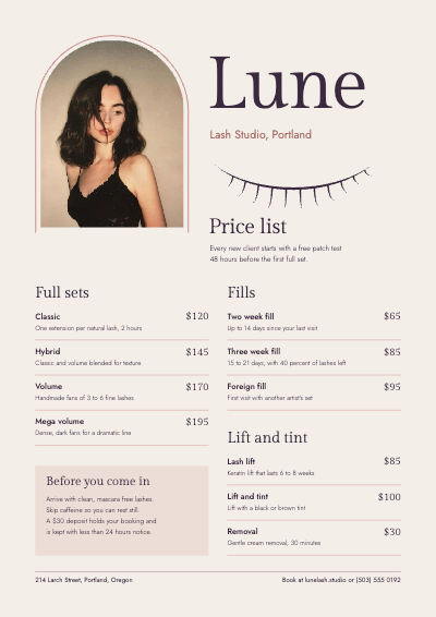 Lune Lash Studio Price List and Aftercare Signs template preview