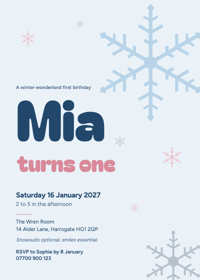 Mia Turns One Winter Wonderland First Birthday Invitation template preview