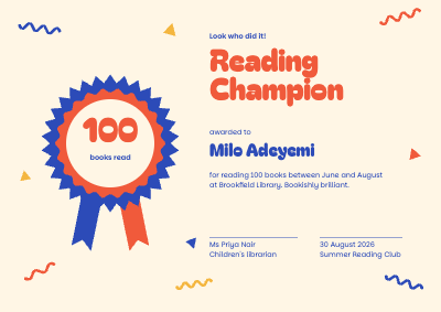 Reading Champion Kids Certificate template preview