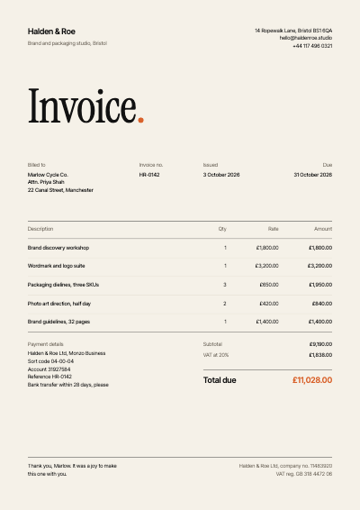 Halden and Roe Invoice and Quote template preview