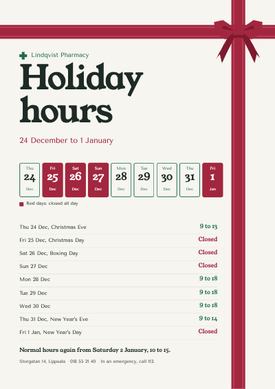 Lindqvist Pharmacy Holiday Hours and Closure Signs template preview