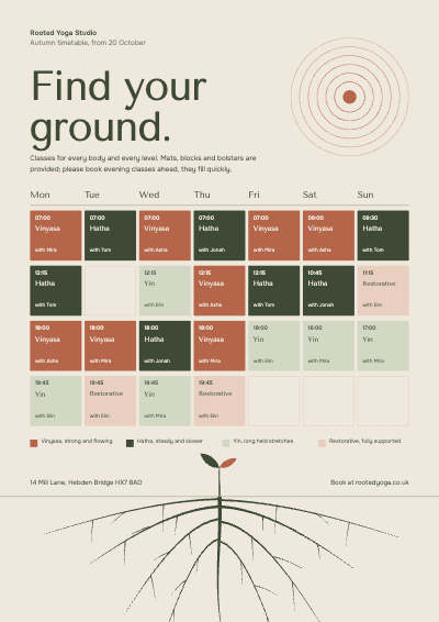 Rooted Yoga Studio Schedule and Etiquette Signs template preview