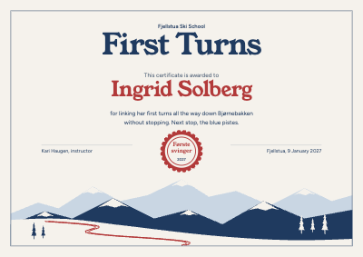 Fjellstua Ski School First Turns Certificate template preview