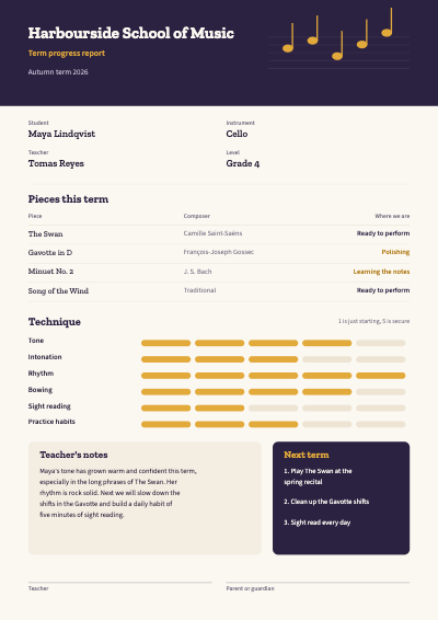 Music School Progress Report template preview