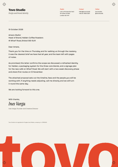 Tovo Studio Creative Agency Letterhead and Compliments Slip template preview