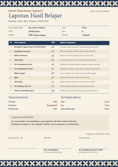 Sekolah Cahaya Bangsa Rapor Semester template preview