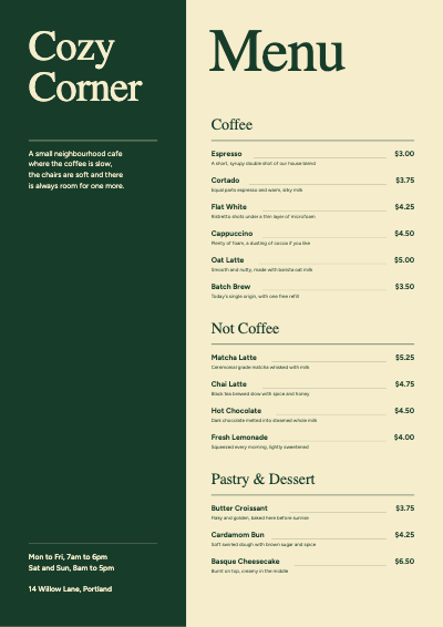 Cozy Corner Coffee Menu template preview