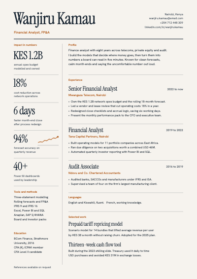 Wanjiru Kamau Finance Analyst Resume template preview