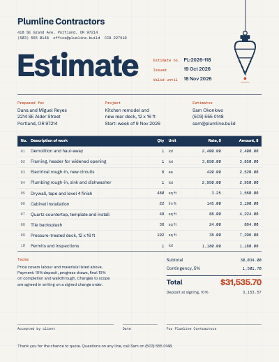 Plumline Contractors Estimate and Change Order template preview