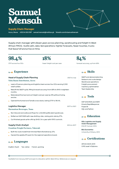Samuel Mensah Supply Chain Manager Resume template preview