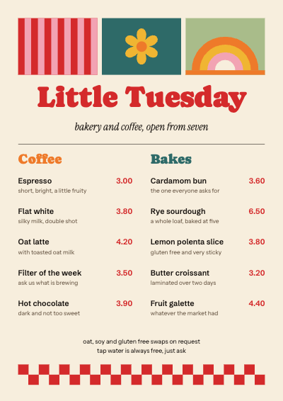 Little Tuesday Pattern Bakery Menu template preview