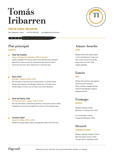 Tomás Iribarren Chef de Cuisine Resume template preview