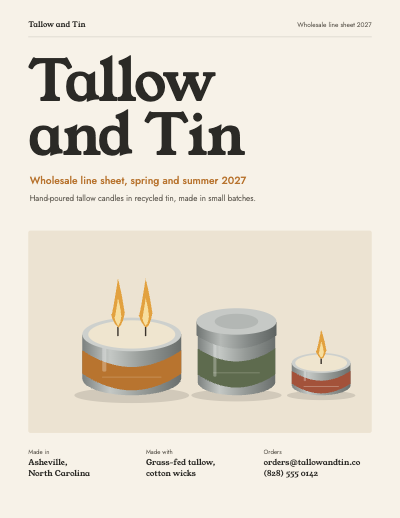Tallow and Tin Wholesale Line Sheet template preview