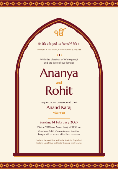 Ananya and Rohit Anand Karaj Wedding Invitation template preview