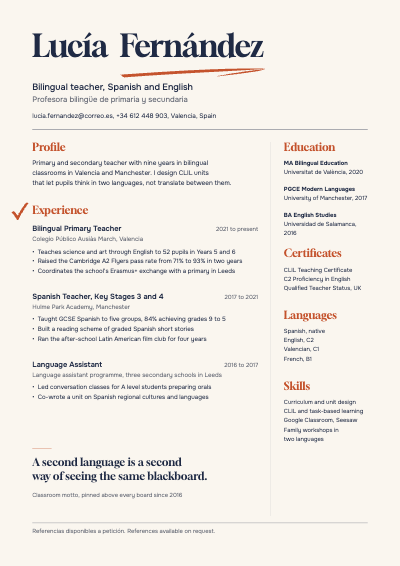 Lucía Fernández Bilingual Teacher Resume template preview