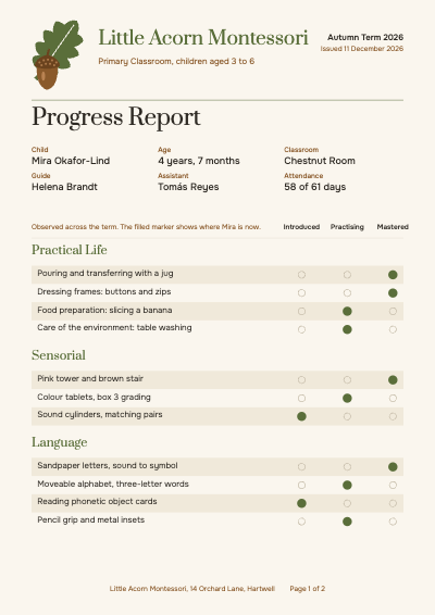 Little Acorn Montessori Progress Report template preview