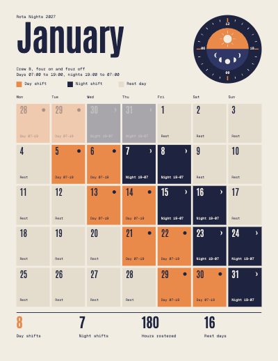 Rota Nights 2027 Shift Worker Planner template preview
