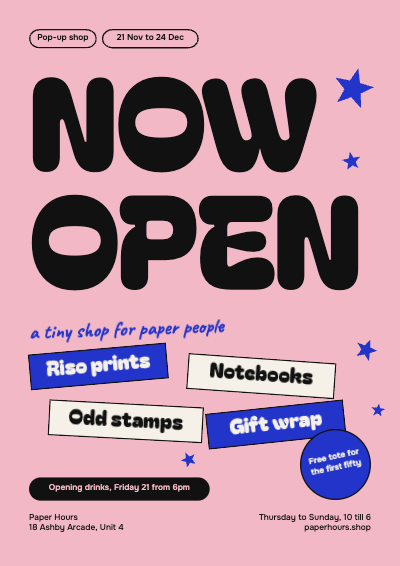Paper Hours Pop-up Grand Opening Flyer template preview