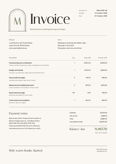 Marisol Events Wedding Planner Invoice template preview