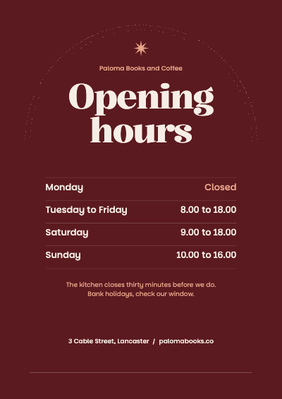 Paloma Books Opening Hours Door Sign template preview