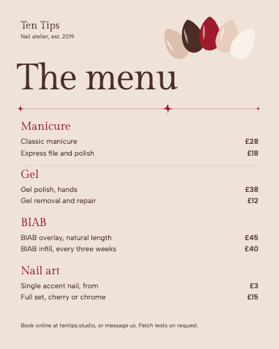 Ten Tips Nail Atelier Price Menu and Booking Story Set template preview