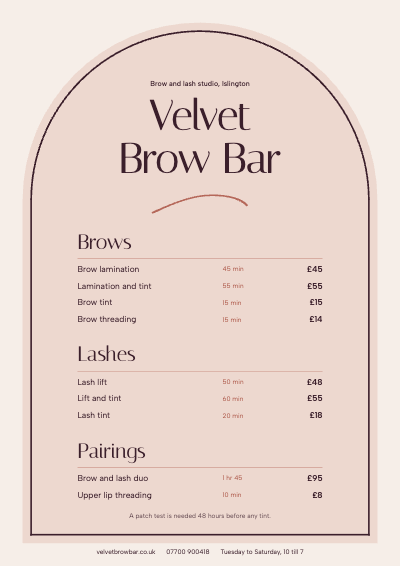 Velvet Brow Bar Price List and Consent Form template preview