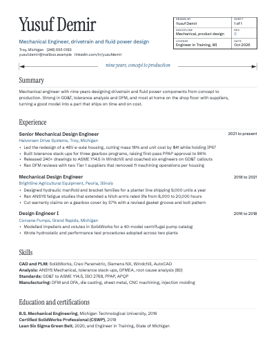 Yusuf Demir Mechanical Engineer ATS Resume template preview