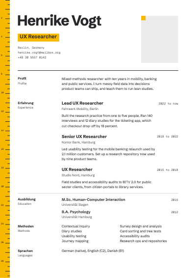 Henrike Vogt UX Researcher CV template preview