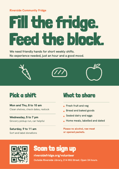 Riverside Community Fridge Volunteer Flyer template preview