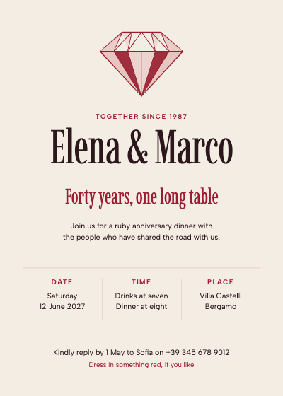 Elena and Marco Ruby Anniversary Dinner Invitation template preview