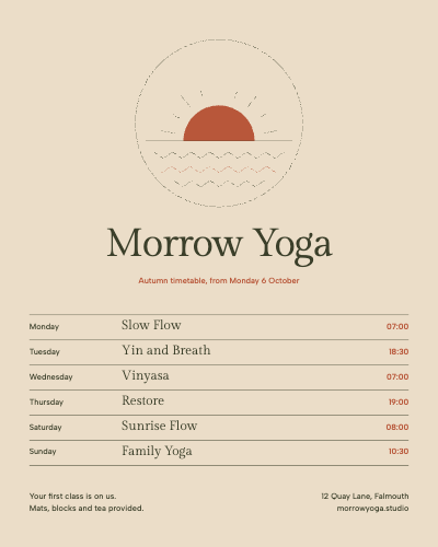 Morrow Yoga Autumn Timetable Flyer template preview